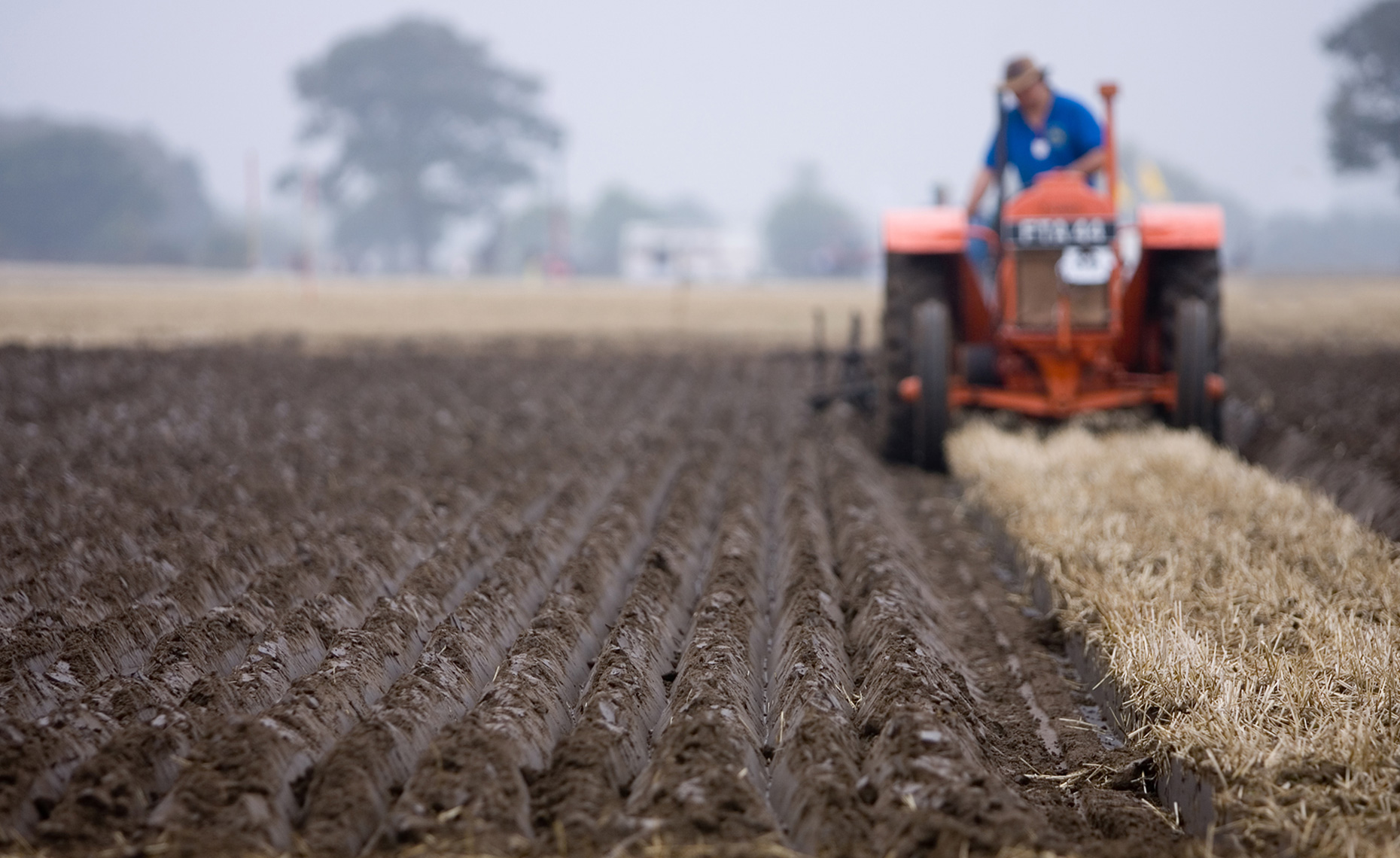 Editorial photography of a competitor aligning his tractor during the British National Ploughing Championships.