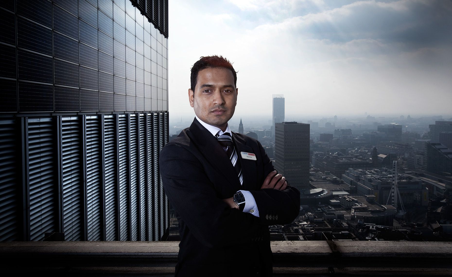 Business portrait of Talha Khan on the roof of The Co-operative Bank, Manchester.