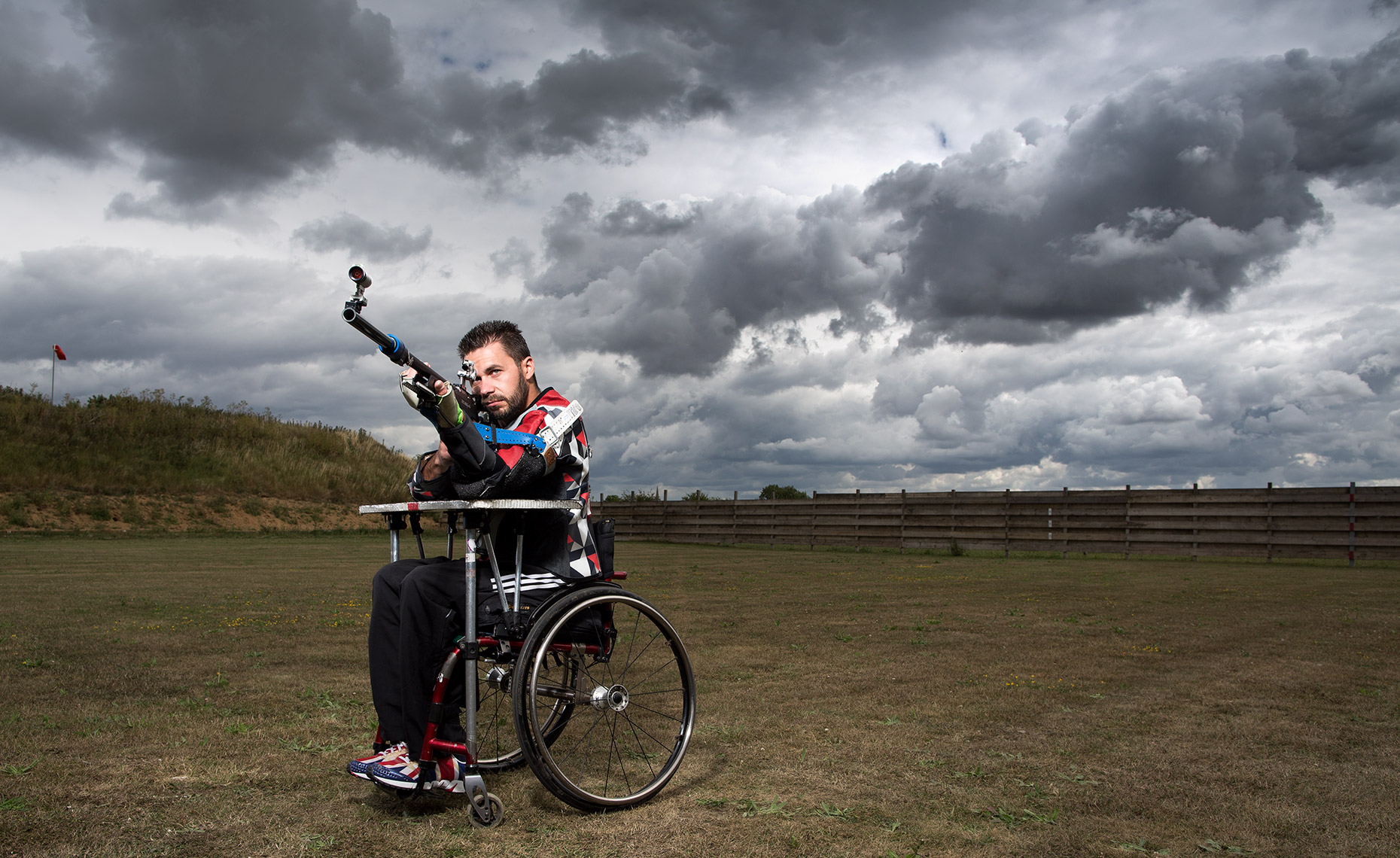 Paralympics gold medalist sport shooter Matthew Skelhon training at the range.