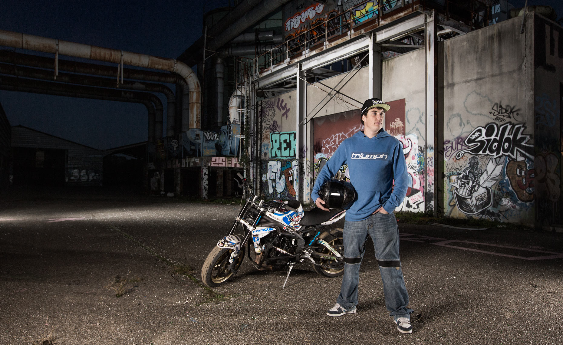 Professional Streetbike Freestyler Julien Welsch at an abandoned factory near his home in Lyon.
